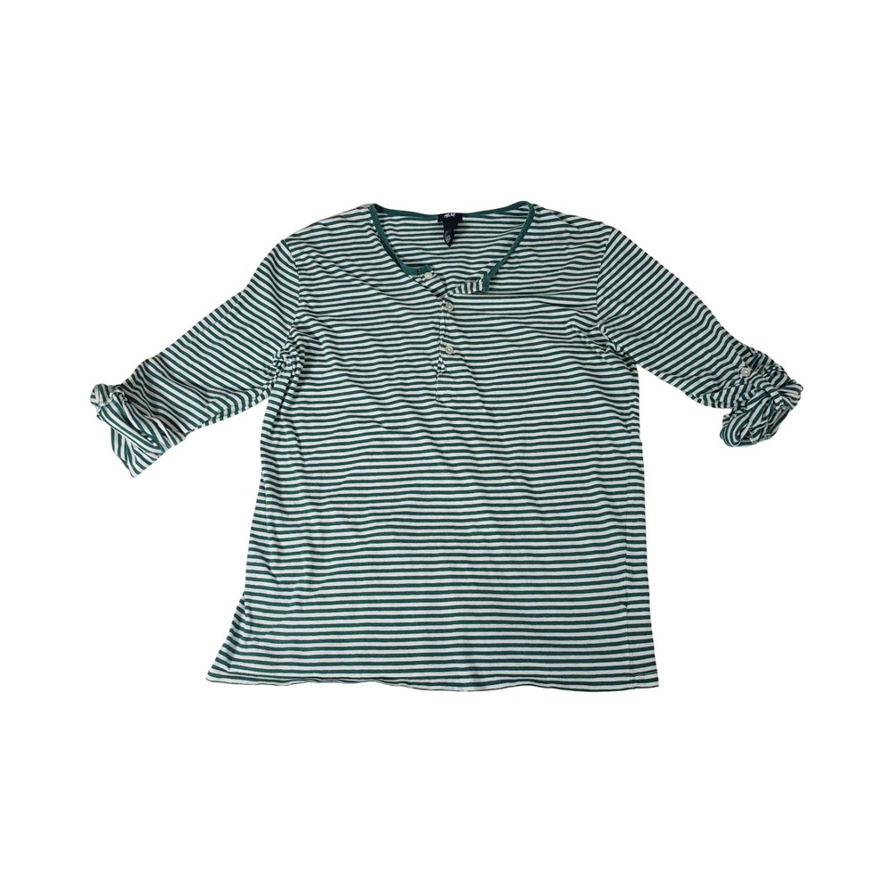 HM Green White Striped Henley Long Sleeve Roll Tab Shirt Womens Large